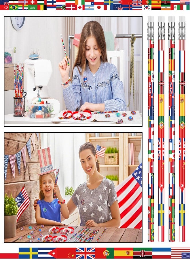 Supervitae 90 Pcs International World Flags Party Favor Accessory Include 30 Flags of World Nation Pencil 30 Rubber Wristband 30 Badge Button Pin for Travel Trip Around The Globe Back to School Decor - Image 4